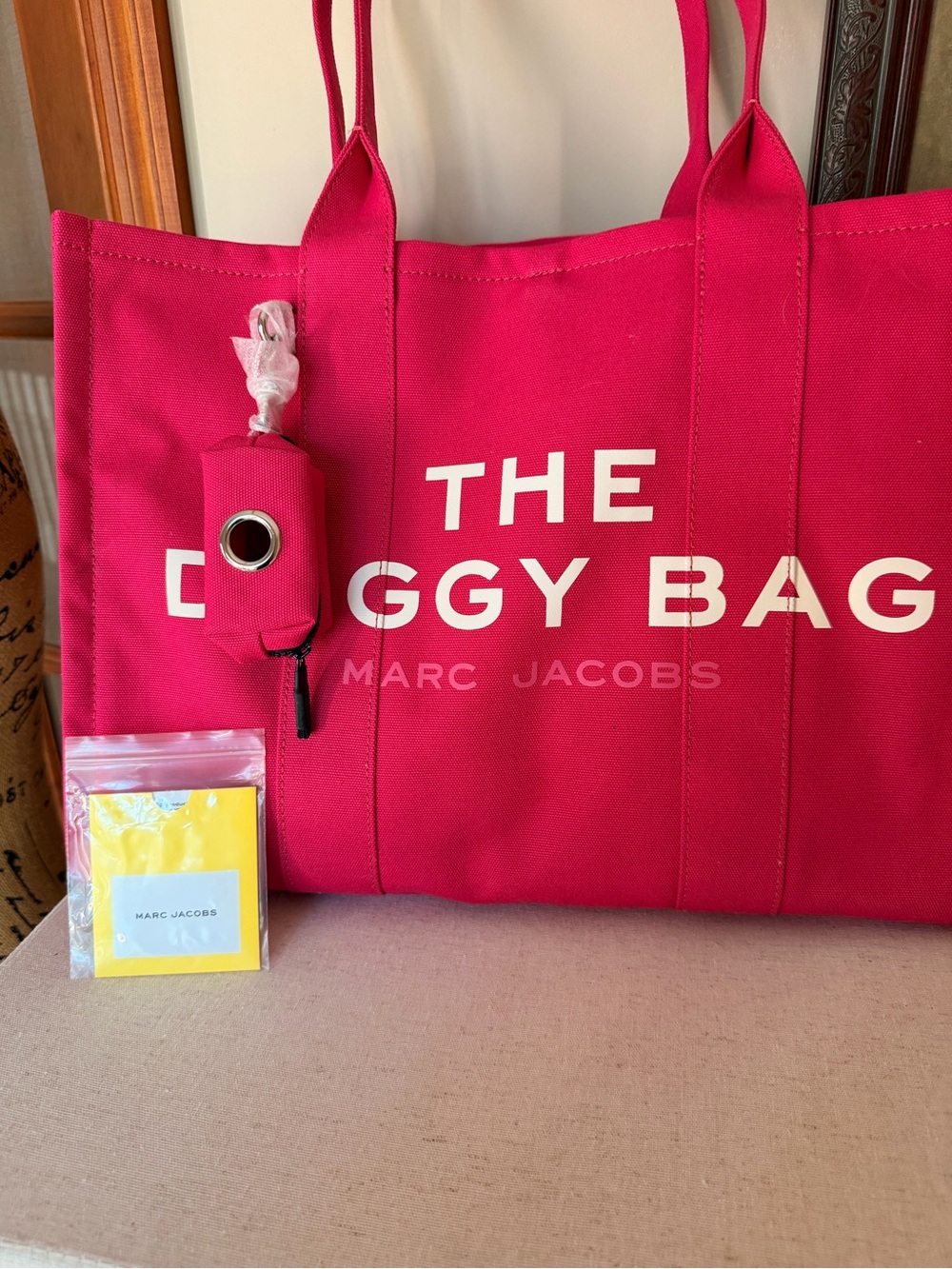 Marc Jacobs Bright Pink 'The Doggy Bag' Canvas Tote with Matching Accessory